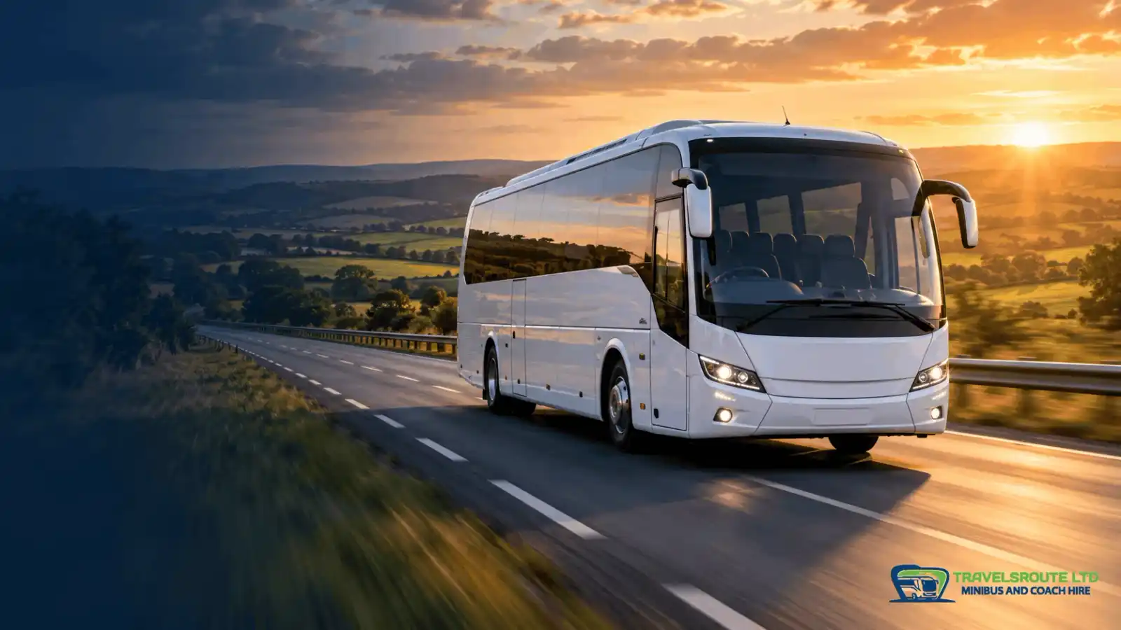 A TravelsRoute coach driving on an open UK road at sunset, representing nationwide coverage across England, Scotland, Wales and Northern Ireland