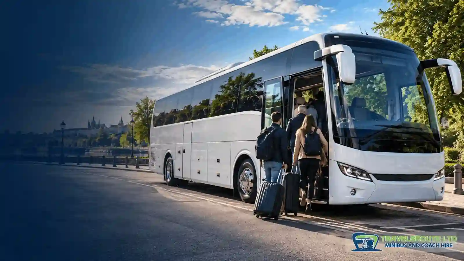 Passengers boarding a white TravelsRoute coach with their luggage beside a city riverside