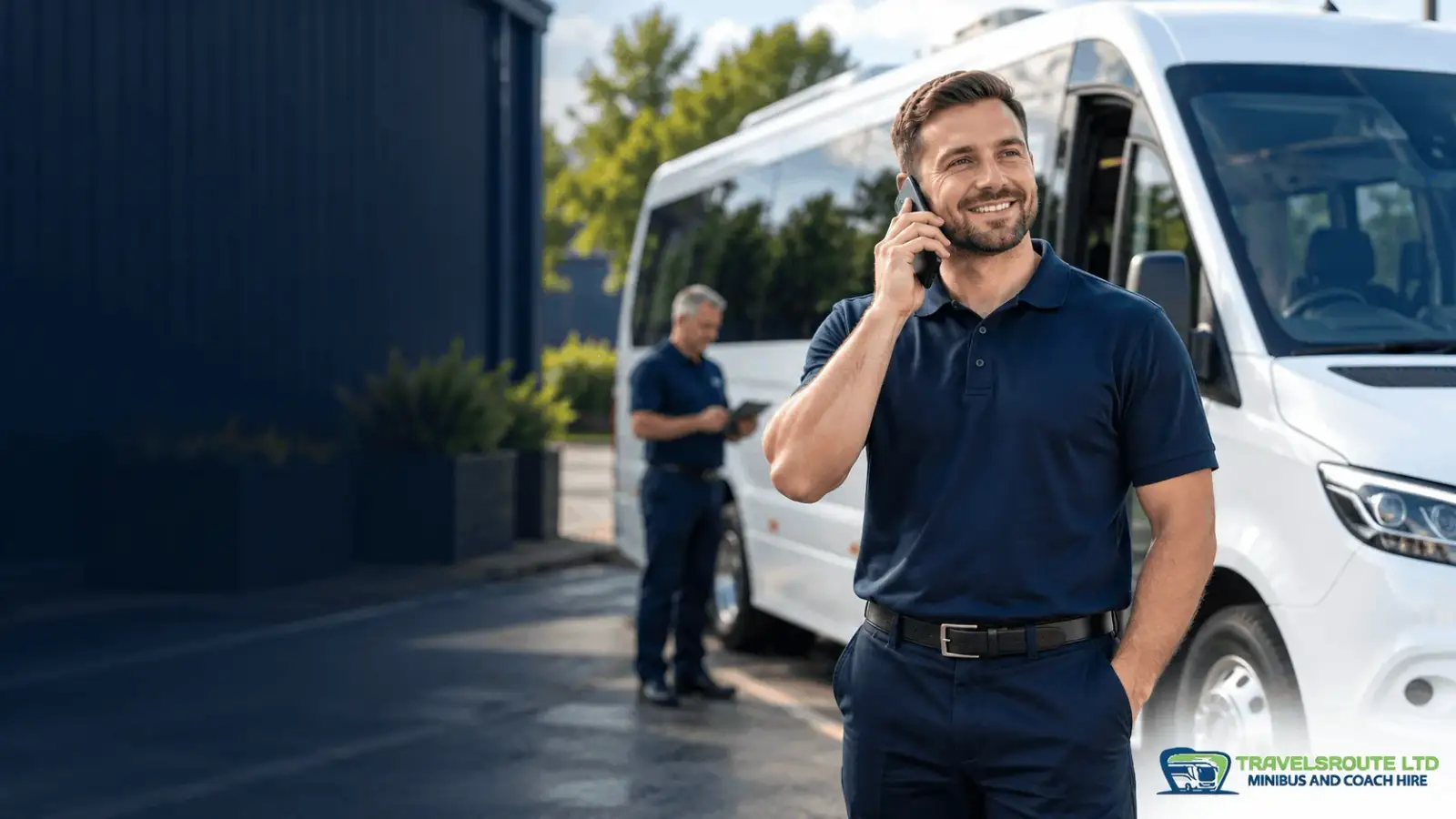 A TravelsRoute driver on the phone beside a minibus, ready to take a call or WhatsApp message