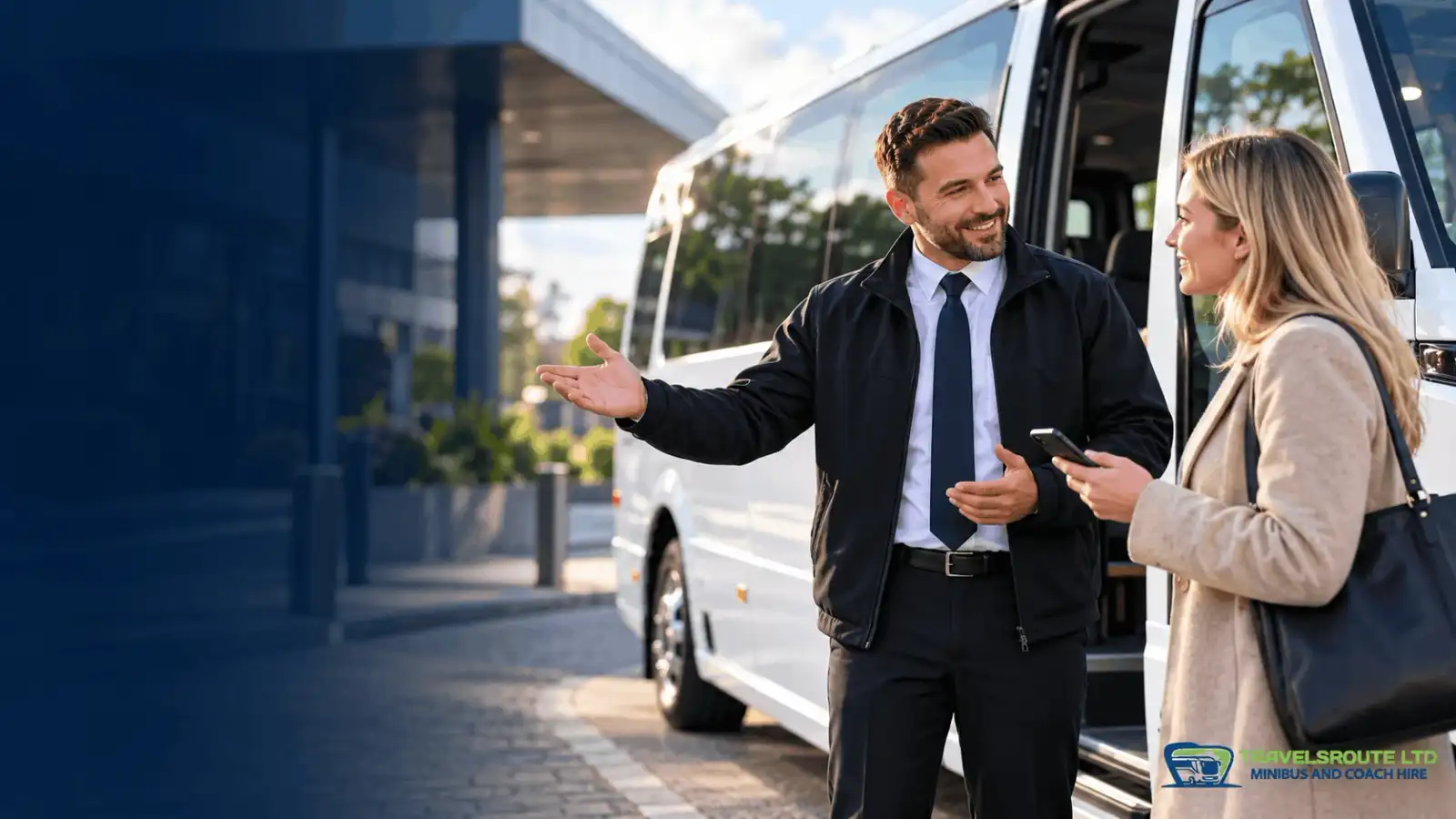 A TravelsRoute driver greeting a customer beside a minibus, answering a question before a trip