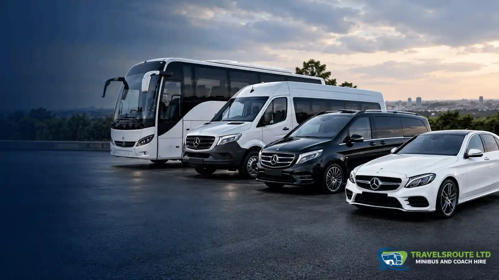 TravelsRoute's fleet of a car, an MPV, a minibus and a coach lined up side by side
