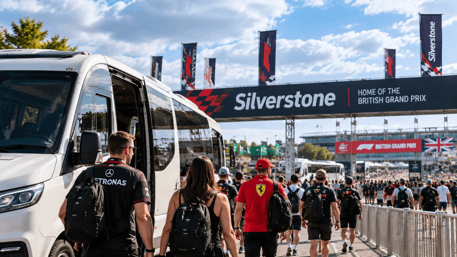 Formula 1 fans arriving by private minibus and coach at Silverstone for the British Grand Prix.