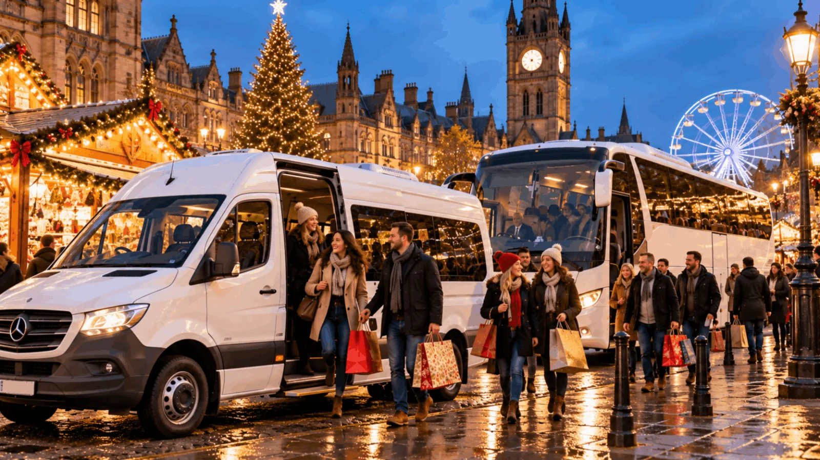Group visitors arriving by private minibus and coach for a UK Christmas market day trip with professionally driven transport.
