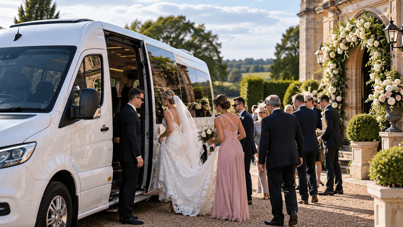 Wedding guests boarding a private minibus outside a countryside venue for professionally driven group transport.