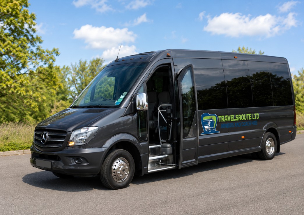 Group boarding a minibus with a driver assisting with luggage
