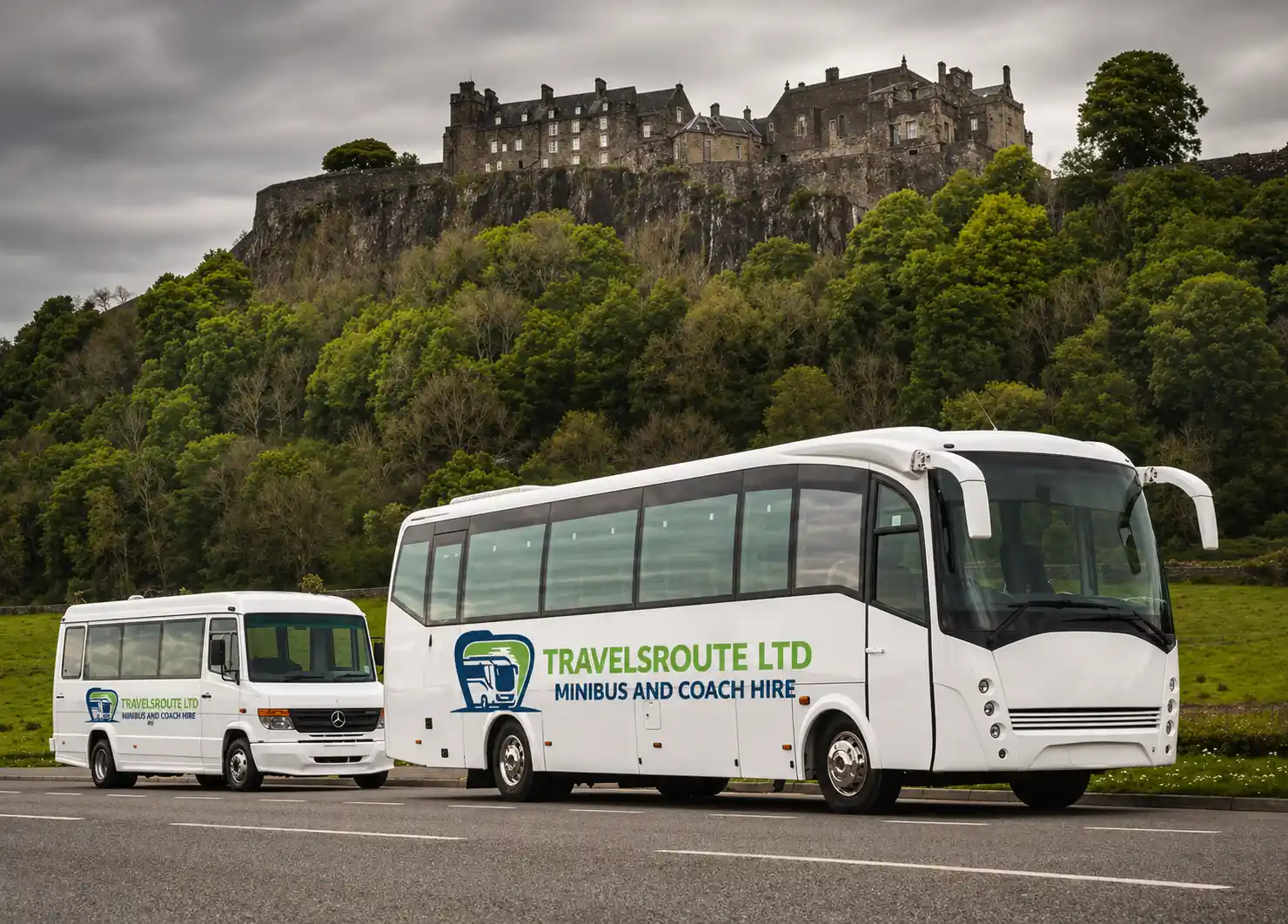 Minibus and coach parked below a historic stone building, ready for a Perthshire tour from Perth