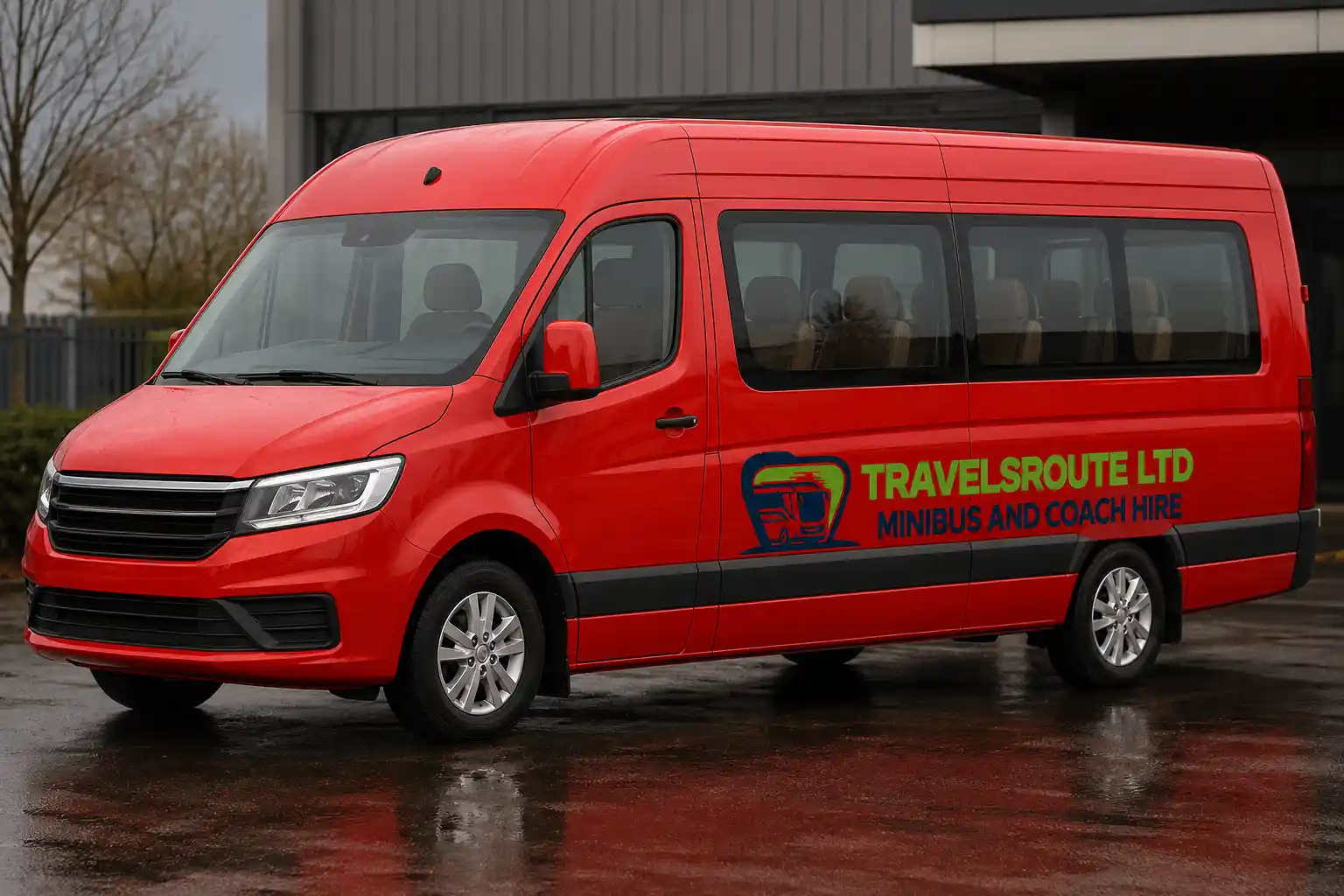 Minibus parked on a quiet road, waiting to collect a group from a Peterborough township before an airport run